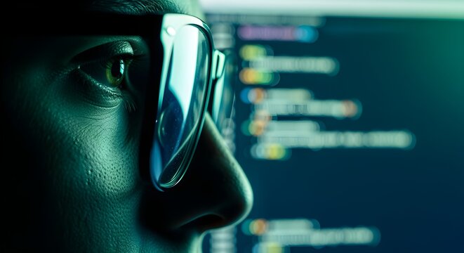 A close-up profile of a person wearing glasses, looking intently at a computer screen displaying lines of code, symbolizing technology and programming