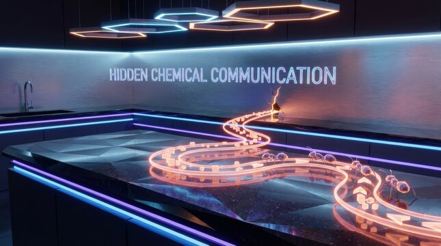 Ants follow a glowing neon path on a kitchen counter representing pheromones. Scene shows hidden chemical signals used by pests. Ideal for pest control marketing or science presentations.