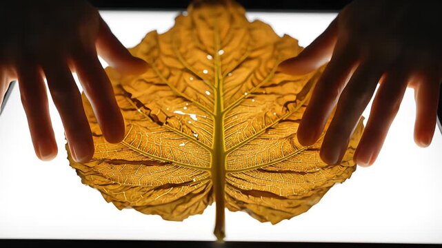 Close up of hands gently examining a dried translucent leaf on an illuminated light table, revealing intricate natural vein patterns and botanical anatomy