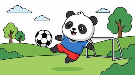 Cute cartoon panda playing soccer with a football. © siti