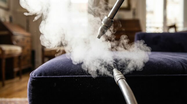 Specialized nozzle spraying hot steam onto a dark blue velvet sofa. This process effectively kills bed bugs and sanitizes upholstery. Ideal for pest control and home maintenance services.