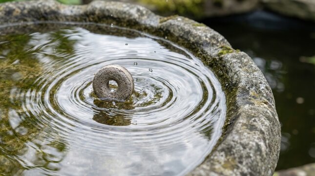Mosquito dunk briquette drops into stone birdbath water. Biological control prevents mosquito larvae development in standing water. Ideal for pest control and garden maintenance content.
