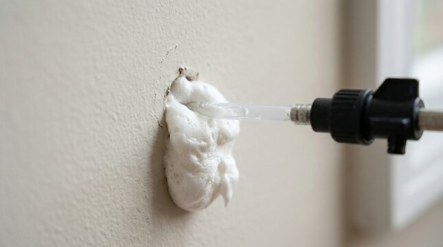 Close up of white expanding foam being sprayed into a hole in a wall with a nozzle. Professional pest control or home repair process. Ideal for maintenance and construction content.