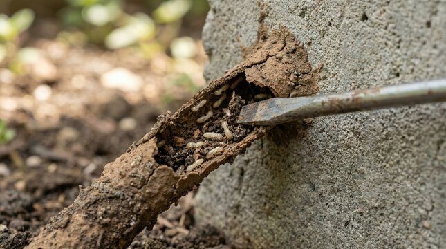 Termites exposed inside a broken mud tube on a concrete wall. A screwdriver reveals the active infestation. Useful for pest control marketing and home maintenance guides.