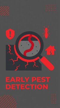 Magnifying glass examining wall cracks with termite and house icons. Professional pest control concept emphasizing inspection and prevention. Ideal for exterminator websites or social media.