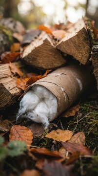 Cardboard tube filled with permethrin treated cotton placed among logs. Effective method for tick prevention in nature. Ideal for pest control and gardening guides.