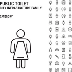 Fototapeta premium Public toilet icon set for city infrastructure, black line female restroom symbol, urban navigation signage elements in EPS format