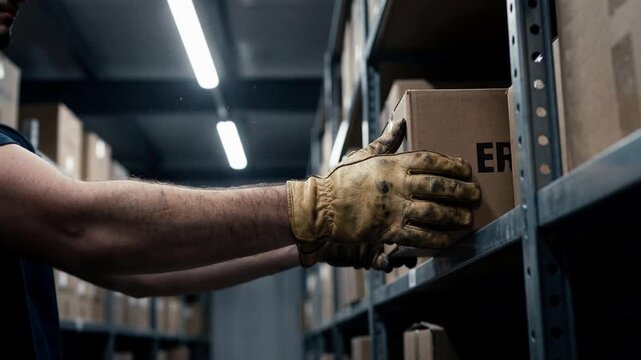 Worker placing fragile cardboard package on warehouse shelf, close-up of hands