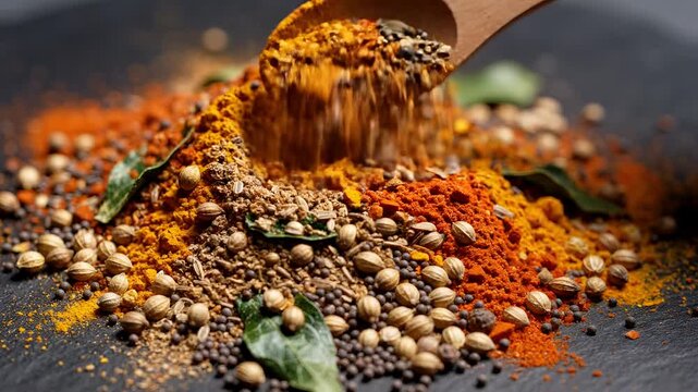 A vibrant mix of Indian spices including coriander seeds cumin and chili powder creating a colorful culinary blend.