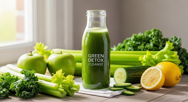 Green detox drink bottle and fresh ingredients on counter. Juicing for weight loss, this detox drink blends kale, celery, apples, cucumber, lemon. Natural detox drink promotes healthy lifestyle.