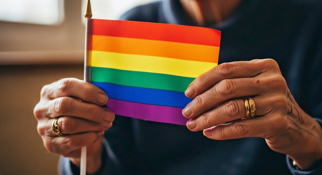 Old hands holding flag, specifically a vibrant rainbow pride banner, symbolizing support and advocacy. Wrinkled skin on fingers and palms carefully grasping this important flag.