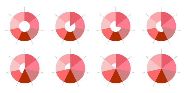 Set of circular infographic diagrams with seven segments showing loading process and completion, colorful radial charts for business progress and habit tracker, flat vector illustration.
