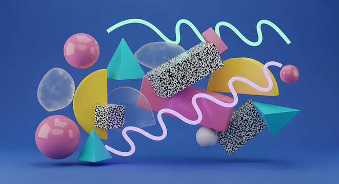 Creative 3D art background with abstract colorful geometric shapes Memphis style patterns and floating vector illustration elements for modern graphic design projects