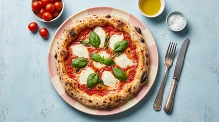 Naklejka premium Authentic Neapolitan Pizza Placed On A Pastel Ceramic Surface Accompanied By Elegant Cutlery Scattered Ingredients Soft Overhead Diffused Studio Lighting Photorealistic Commercial Photography High