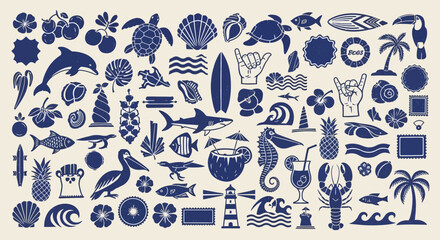 Set of nautical and tropical themed vector illustrations, perfect for beach and ocean-related designs, featuring sea life, surfboards, and palm trees © Mecklenburglaan