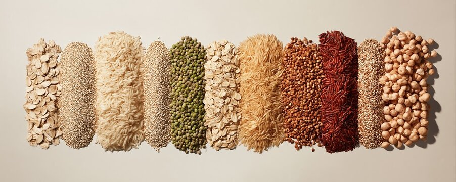 A vibrant flat lay featuring grains and legumes in a gradient pattern. Detailed textures of rice, oats, quinoa, and chickpeas highlight wholesome, healthy food choices.