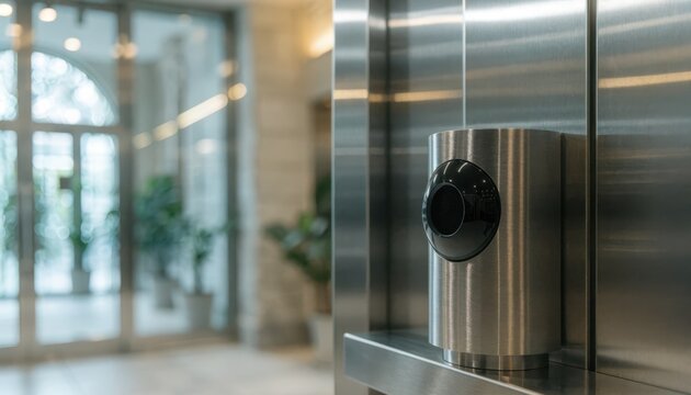 Elevator control panel with sensor prominently in sharp focus lobby background softly blurred depicting predictive maintenance for elevator safety and timely repairs.
