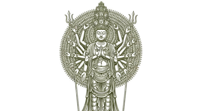 Ancient Spiritual Symbol Intricate Illustration of a Serene Multi-Armed Celestial Being with Halo, Radiating Mystical Energy and Enlightenment