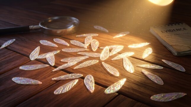 Termite wings scattered on wooden table with magnifying glass and evidence notebook. Professional pest inspection and investigation concept. Useful for pest control and home safety articles.