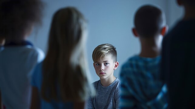 A lonely child sits in focus, surrounded by blurred classmates and dramatic lighting. The cinematic image powerfully highlights childhood bullying and social isolation.