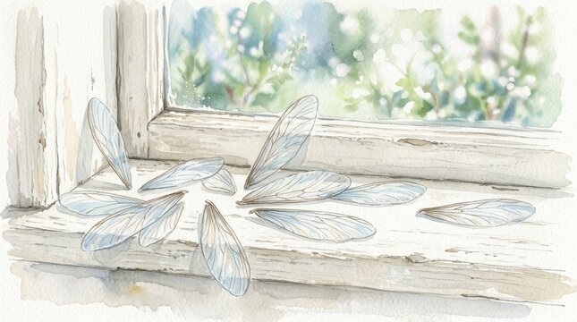 Watercolor painting showing discarded termite wings on a weathered window ledge. This indicates a hidden infestation in the home. Ideal for pest control educational materials or articles.