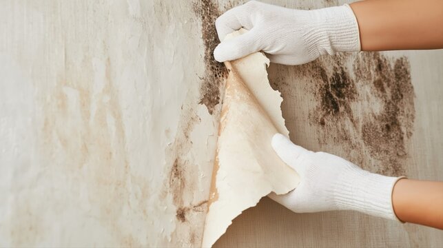 Protective-gloved hands peel damaged wallpaper, revealing black mold stains and damp textures underneath. Ultra realistic focus on home maintenance and moisture damage.