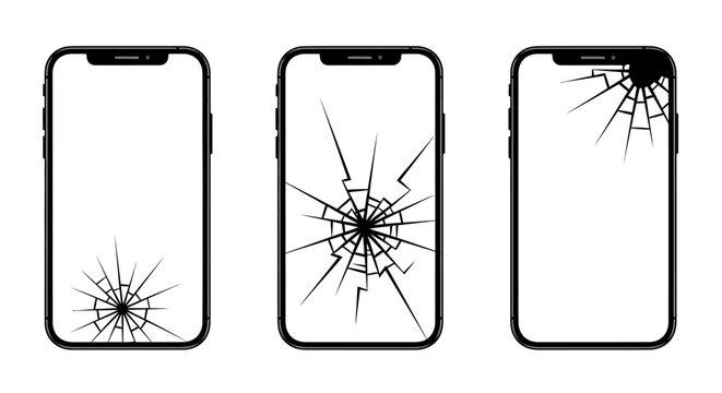 Broken mobile phone screens, cracked display concept, phone repair illustration, glass damage and splintered effect, digital device problems