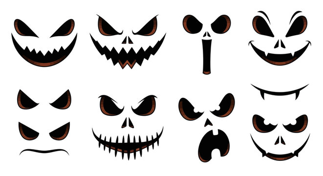 Collection of Spooky Halloween Jack-o'-Lantern Faces for Festive Carvings and Scary Decorations