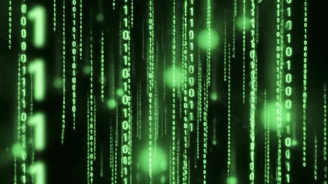 Vertical streaming emerald green binary code digits with glowing bokeh effects and selective focus depth