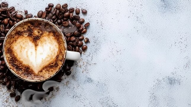 A warm cup of cappuccino with a latte art heart design surrounded by roasted coffee beans on a textured white surface perfect for cozy mornings and cafe branding