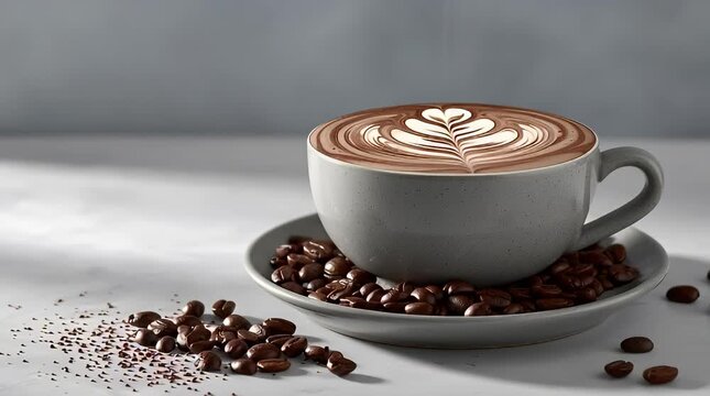 A beautifully crafted latte art heart design graces a steaming cup of cappuccino surrounded by roasted coffee beans evoking warmth and a cozy morning ritual