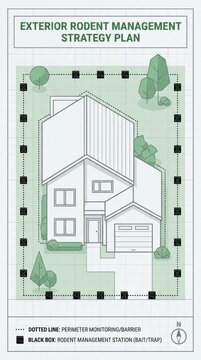 Infographic showing exterior rodent management plan for residential house. Top view diagram illustrates bait stations and perimeter barriers for pest control. Ideal for professional presentations.