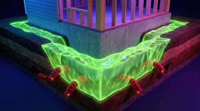 Glowing green chemical barrier around a house foundation protecting against glowing red termites underground. 3D illustration of pest management. Ideal for exterminator websites.