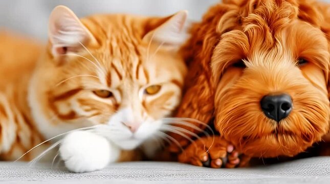 A heartwarming portrait of a ginger tabby cat and a fluffy golden doodle puppy snuggling together showcasing friendship companionship and adorable pet bonding moments