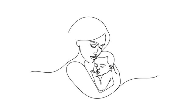 Artistic one line drawing of mother kissing baby's forehead