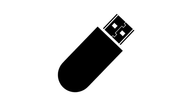Minimal black silhouette icon, simple flat vector, bold black shape, no, no shading black silhouette icon of a usb flash drive on a, flat icon style