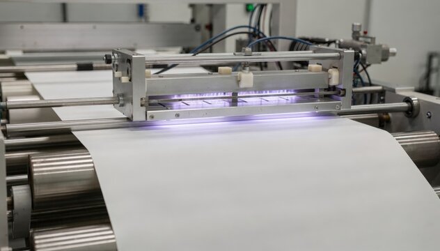 Medium shot of offline corona pretreatment setup focusing on controlled electrical discharge process applied to stationary paper web to optimize adhesion before lamination.