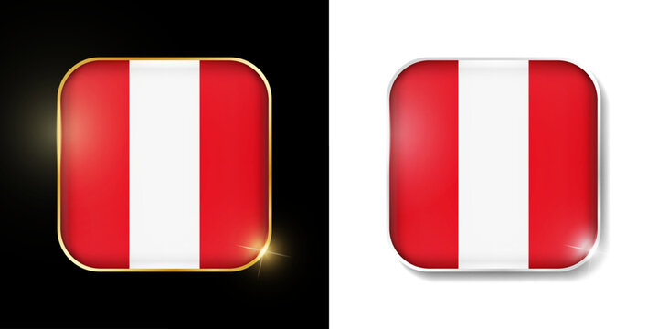 Peru flag shiny golden and silver icons isolated on black and white. Vector 3D square rounded illuminated buttons with shadow. Use for bets, tournament, sport games