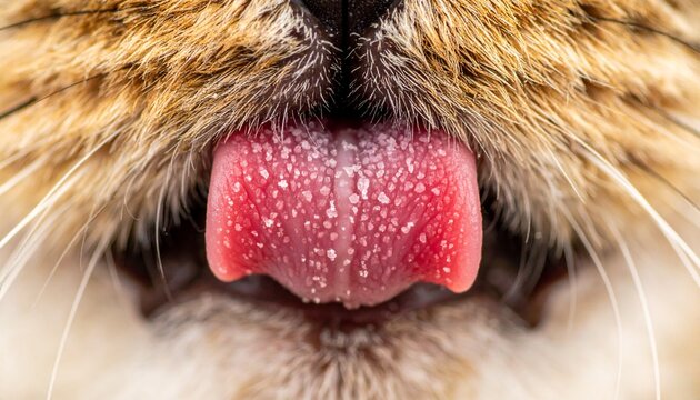 Close-up of a cats tongue showing papillae, a unique feline feature.