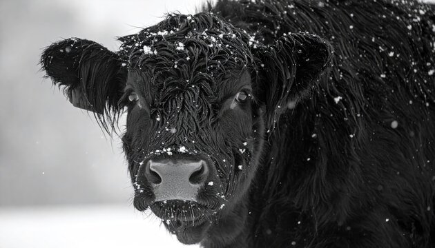 Black cow in winter snow portrait close up rural animal wildlife