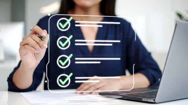 Woman Ticking Off Tasks on Digital Checklist with Stylus, Blurred Office Background, Cinematic Motion