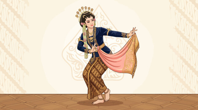 Vector illustration of Javanese female dancer performing traditional dance in kebaya and batik costume, elegant pose, showcasing Indonesian culture in clean flat design style.