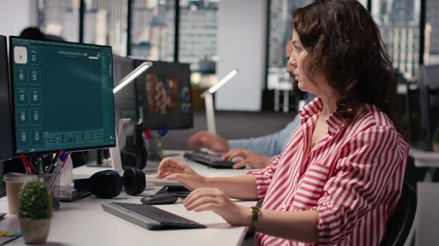 Woman editor using AI generative models for text to image commercial materials, virtual assistant writing script for photography generating next to video streaming platform on PC.