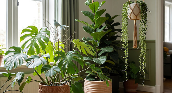 Lush Indoor Urban Jungle with Monstera Deliciosa Fiddle Leaf Fig and String of Pearls in a Modern Bright Living Room Near a Window for Sustainable Home Decor