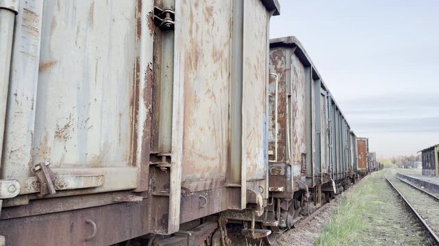 Rusty cargo train wagon doors perspective panning