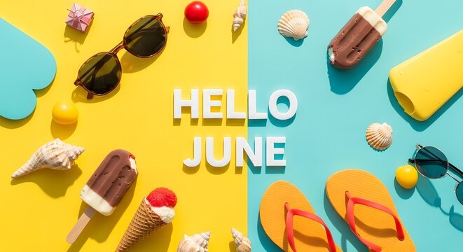 Hello June Summer Flat Lay with Sunglasses, Ice Cream, and Beach Accessories on Dual Tone Background