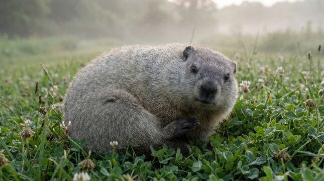 Soft morning pics of woodchucks scene showing a rounded gray groundhog resting in dewy clover, misty pasture light, calm eye contact, plush fur detail, peaceful natural wildlife meadow at dawn