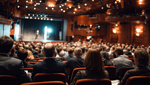 Audience seated in a grand theater, facing a brightly lit stage