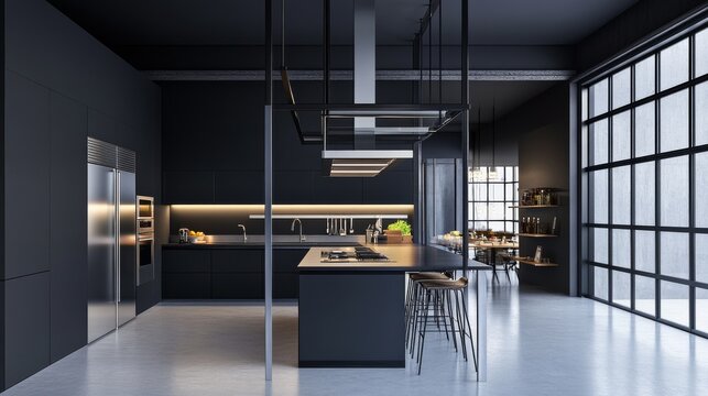 Modern Dark Minimalist Kitchen Wide view of sleek design with industrial window, central island, integrated appliances and warm under-cabinet lighting. Luxury, Open-plan. Interior