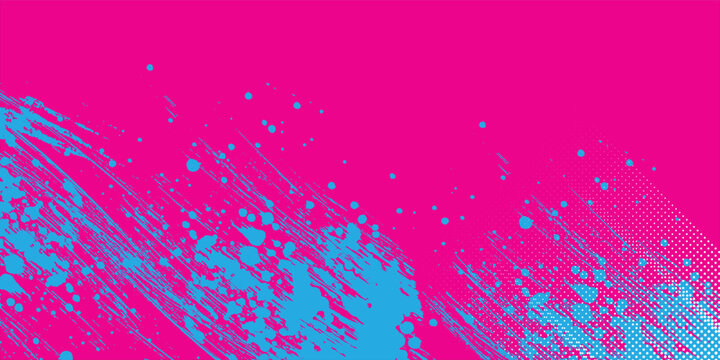 Abstract vibrant pink background featuring aggressive black paint splatters, brush strokes, and halftone textures for a bold urban grunge aesthetic